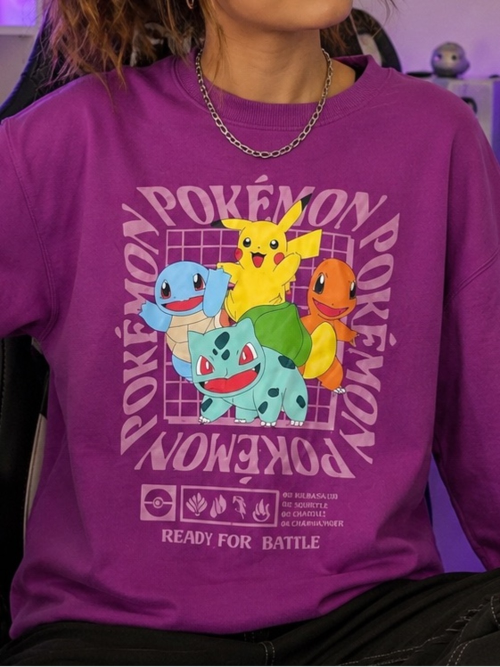 Pokemon Ready for Battle Purple Graphic Crewneck Sweatshirt SZ SM
